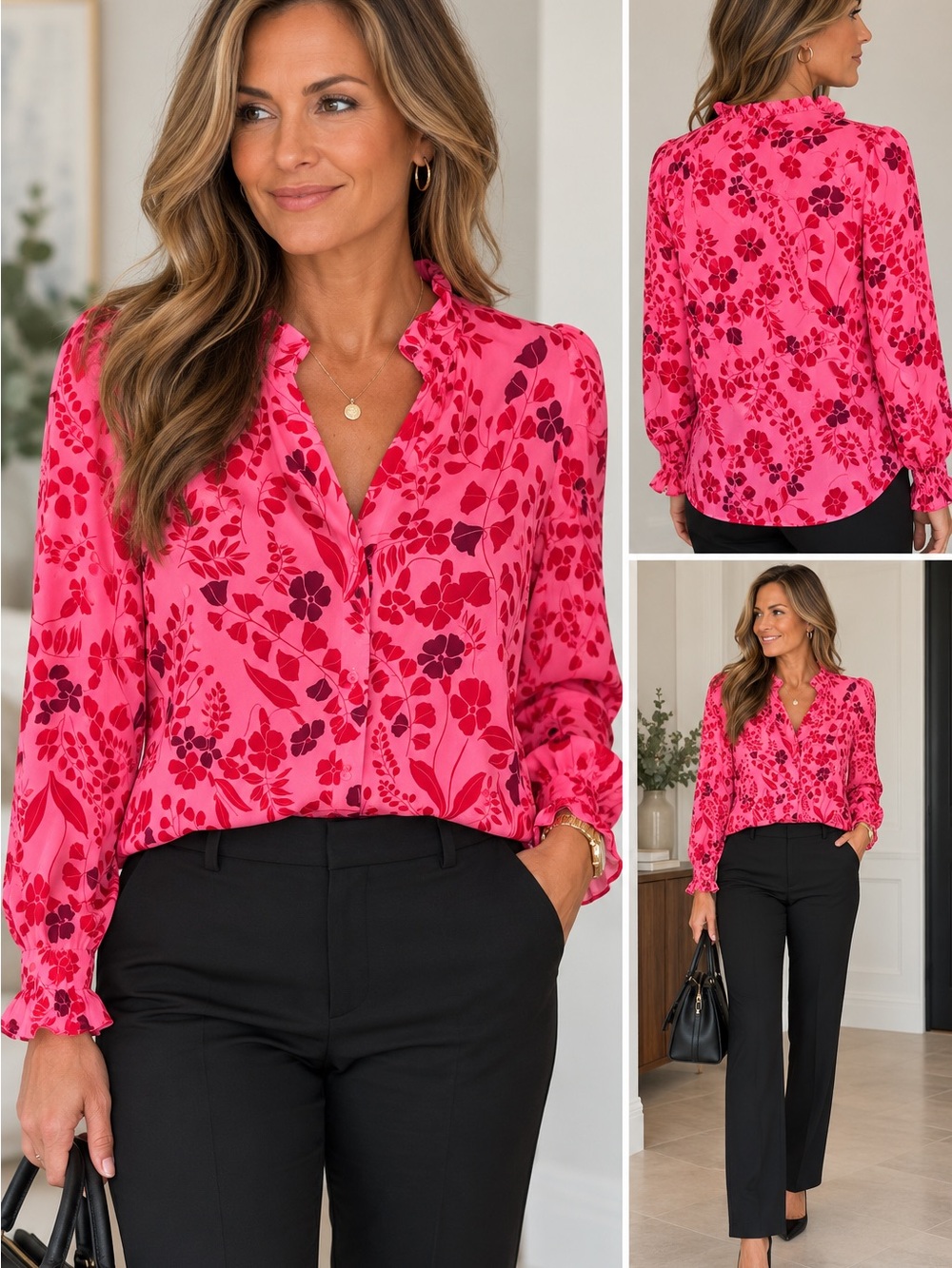 Ann Taylor Pink Floral Ruffle Neck Blouse MP